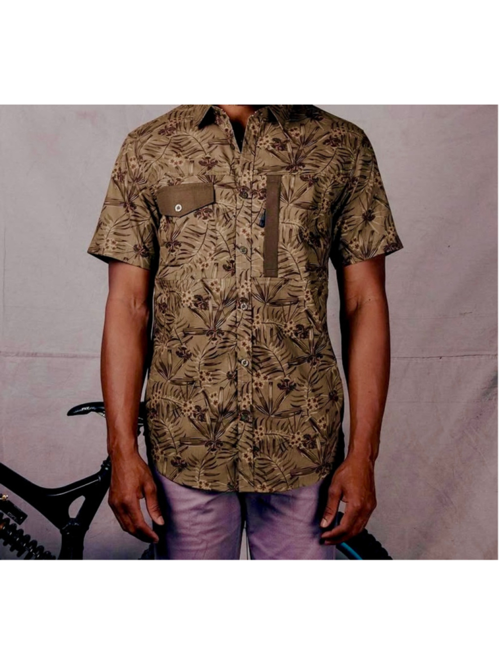 PRNTD men’s Cole Poplin green Floral Camo Shirt button up short sleeve large